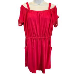 NWOT sz M bright red off shoulder shift sun dress with pockets casual comfort